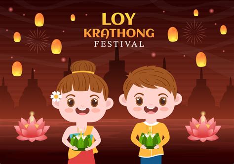 Loy Krathong Festival Celebration in Thailand Template Hand Drawn Cartoon Flat Illustration with ...