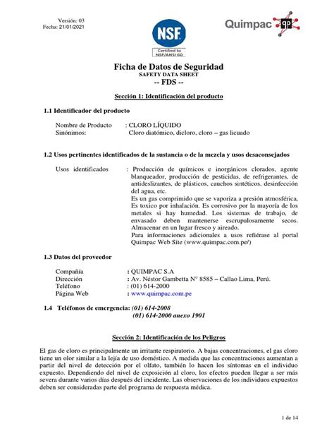 Ficha De Seguridad Del Cloro Líquido Pdf Agua Cloro