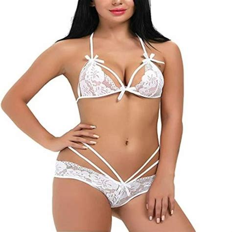 Psychovest White Lace Low Coverage Stripped Bra And Panty Lingerie Set