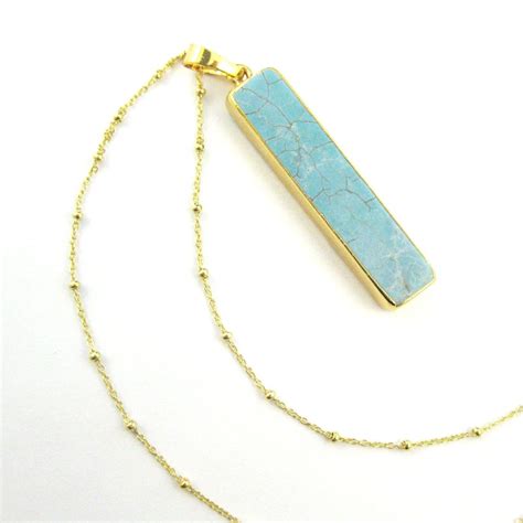 Turquoise Bar Pendant Necklace Long Turquoise Bar And Gold Necklace