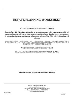 Fillable Online Estate Planning Worksheet Brant Stevens Graf Llc