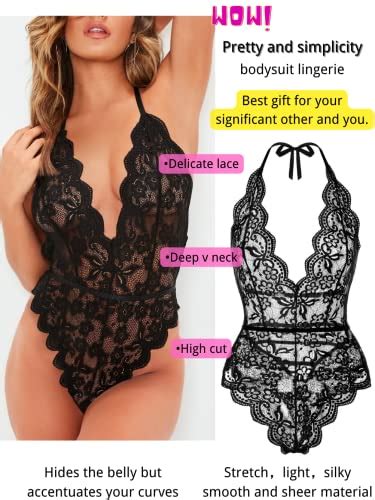 Kaei Shi High Cut Halter Deep V Neck Lingerie Floral Lace Bodysuit