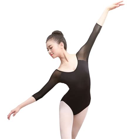 New Women Black Mesh Dance Leotards Three Quarter Sleeve Ballet