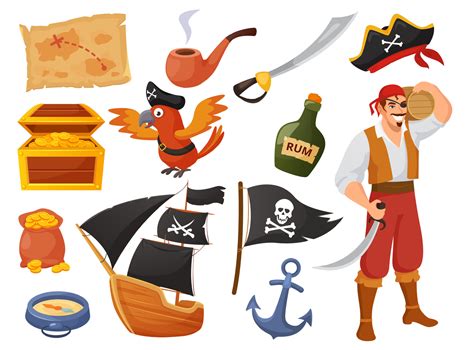 Cartoon Pirate Character With Parrot And Ship Treasure Map Sea