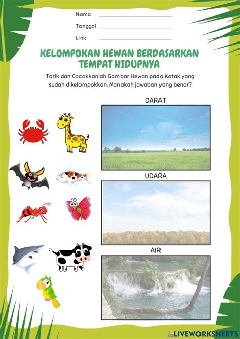 Mengelompokkan Hewan Berdasarkan Tempat Hidup Online Worksheet For