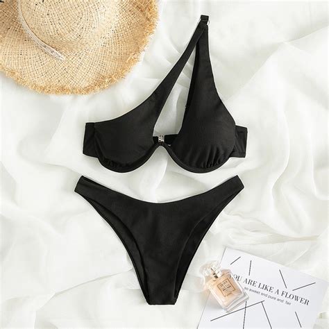 Sexy One Shoulder Bikini Women Ribbed Swimsuit Shopee Philippines