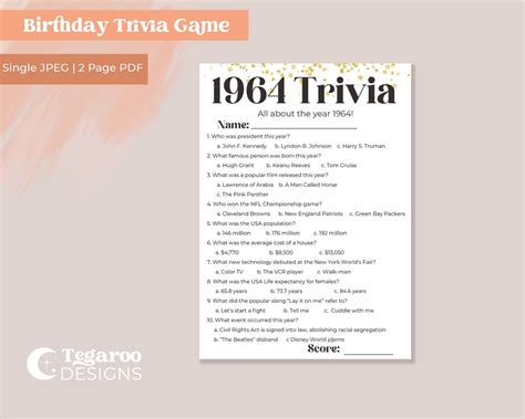 1964 Trivia 60th Birthday Trivia Game 60th Birthday Activity Birthday ...