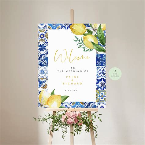 Blue Tiles Lemon Wedding Welcome Sign Mediterranean Wedding Etsy