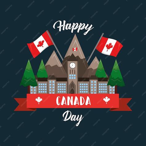 Premium Vector | Happy canada day ottawa parliament mountaind flag national