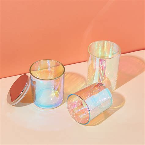 Luxury Metal Lid Rainbow Iridescent Holographic Glass Candle Jars