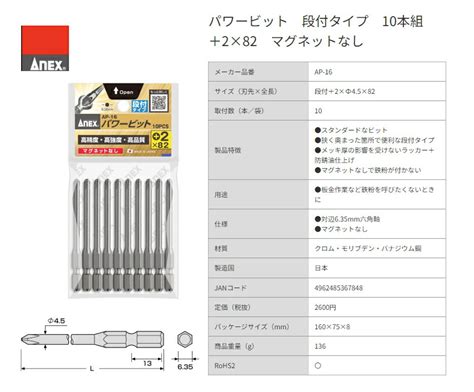 【楽天市場】anex アネックス パワービット 段付タイプ 10本組 Ap 16 ＋2×82 マグネットなし：ケンチクボーイ