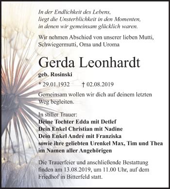 Traueranzeigen Von Gerda Leonhardt Abschied Nehmen De