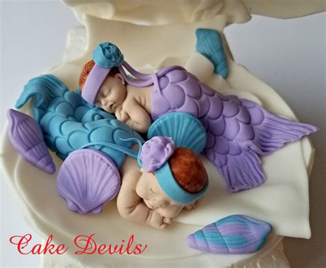 Twins Mermaid Baby Shower, Twin Fondant Mermaids in a Clam shell Cake Topper, Cake Decorations ...