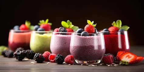 Camadas de smoothies de bagas e sementes de chia coloridos e saudáveis