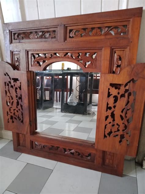 Vintage Balinese Hand Carved Prison Mirror Wall Mahogany From