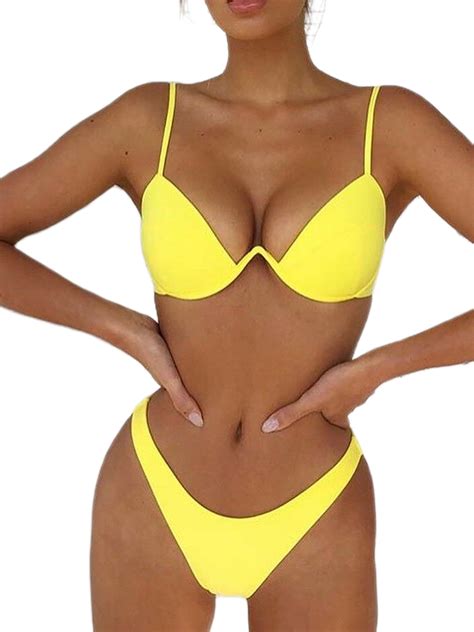 Shunvnny Womens Swimsuit Push Up Padded Bikini Sets Solid Color Low Waist Swimwear Biquini