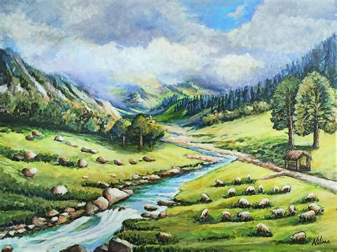 Green Valley with Misty Mountain | Acrylic Painting on Canvas Board ...