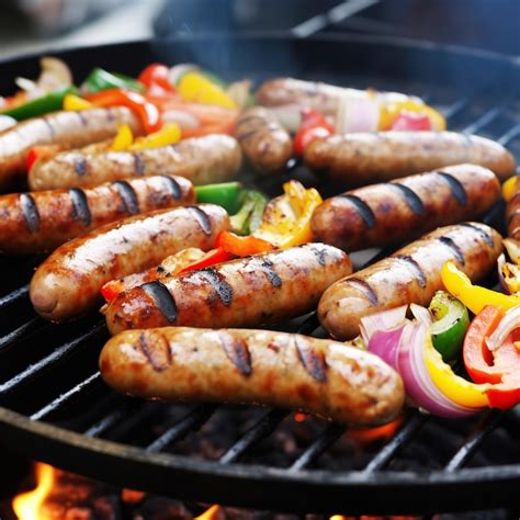 Premium Ai Image Grilled Sausages And Vegetables On A Flaming Bbq