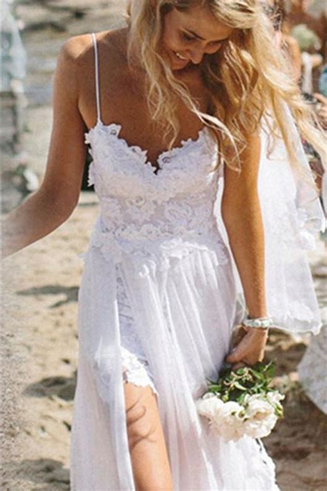 Spaghetti Straps White Lace Chiffon Beach Wedding Gowns Simibridaldresses