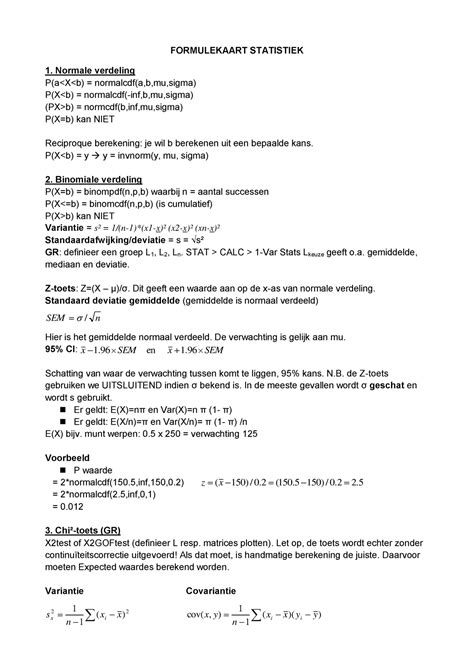 Formulekaart Statistiek Belangrijkste Formules FORMULEKAART