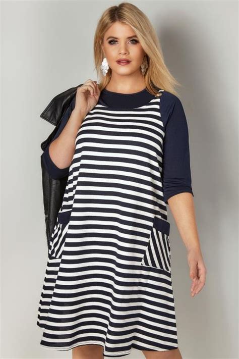 Navy White Striped Tunic Dress With Pockets Plus Size To