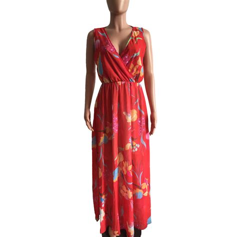 Women Floral Print Boho Chiffon V Neck Holiday Beach Long Swing Dress