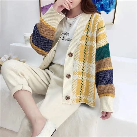 New Women Korea Acrylic Plaid Computer Knitted Cardigans Casual Female