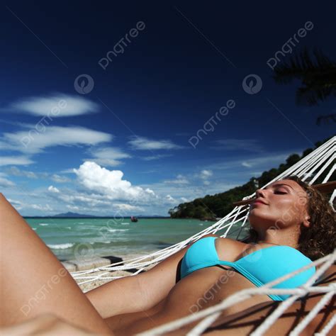 Woman In Hammock On Beach Bikini Relaxation Rest Photo Background And