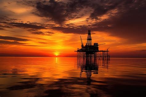 Premium AI Image Sunset View Of Distant Oil Rig Silhouette On Horizon