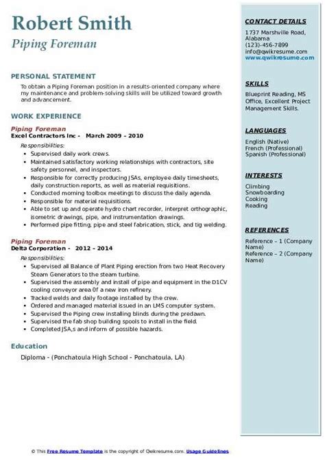 Piping Foreman Resume Samples Qwikresume Throughout Foreman Meeting