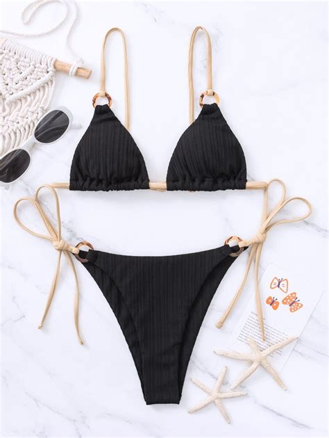 Conjunto De Bikini Acanalado Sujetador De Tanga Triangular Enlazado Con