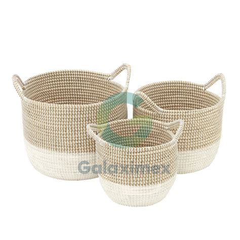 White Ombre Seagrass Basket With Handles Set Of 3 Galaximex