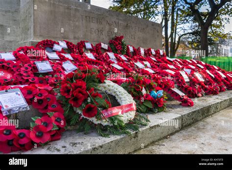 Red Poppy Wreaths Laid During Remembrance Day Commemoration At