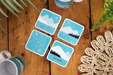 Set Of 4 Water Sport Coasters Canoeing Paddle Boarding Swimming