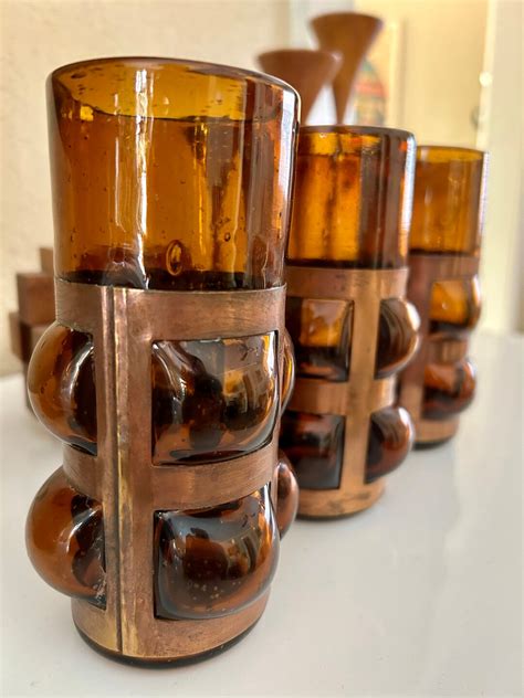 Brutalist Caged Glass Amber Glasses Mexico Mcm Hand Blown Felipe Derflingher Etsy