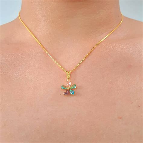 Colar Folheado A Ouro K Zirc Nia Florzinha Colorida Ch Rie Bijoux