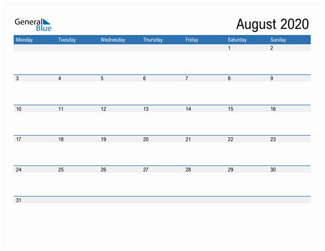 Editable Calendar Template For August 2020