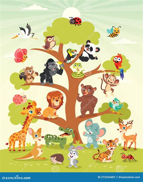 Cartoon Animals on a Tree stock illustration. Illustration of crocodile ...