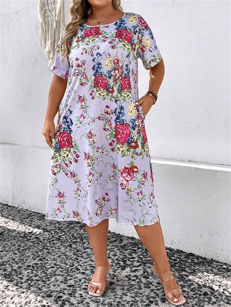 Emery Rose Plus Floral Print Hidden Pocket Tee Dress Shein Uk