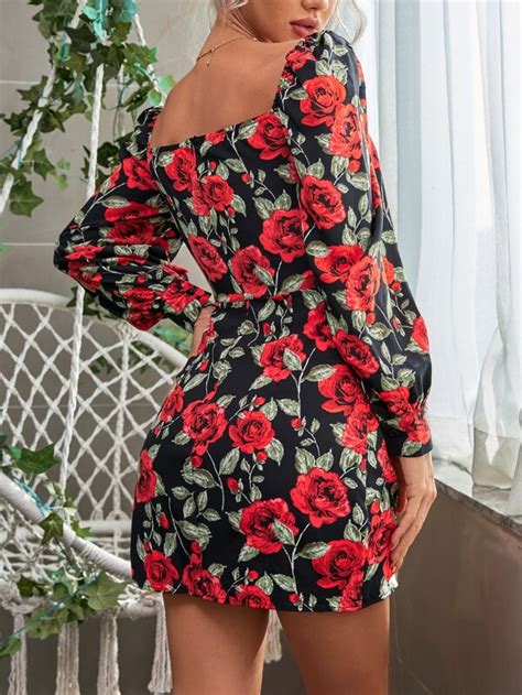 All Over Floral Print Sweetheart Neck Puff Sleeve Fitted Dress Shein Eur