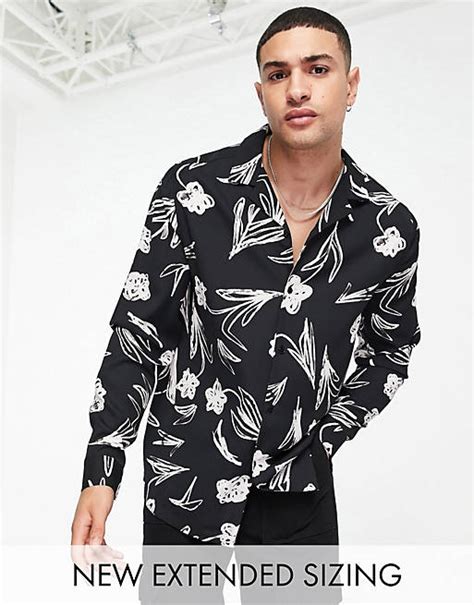 Asos Design Relaxed Revere Scribble Floral Print Shirt In Monochrome Asos