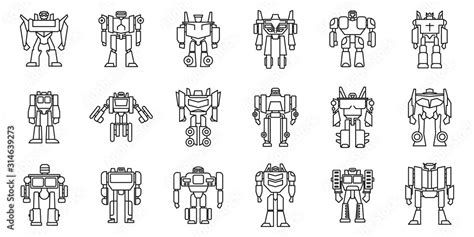 Futuristic Robot Transformer Icons Set Outline Set Of Futuristic Robot Transformer Vector Icons