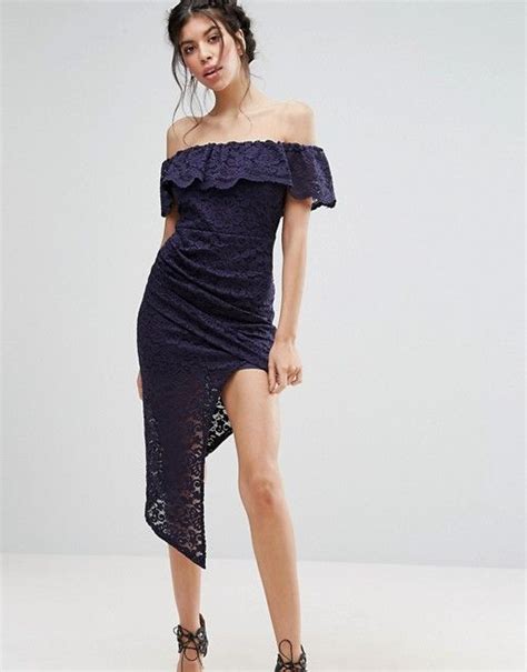 Love Triangle Lace Bardot Dress With Thigh Split Asos Cocktail