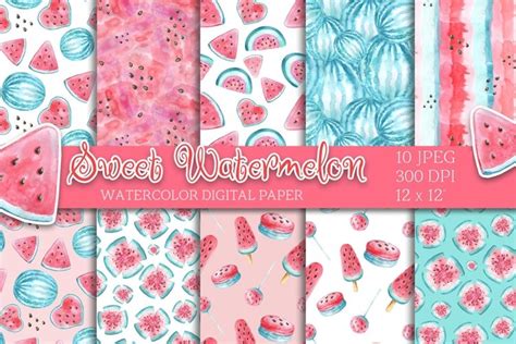 Watercolor Watermelon Digital Paper Seamless Patterns