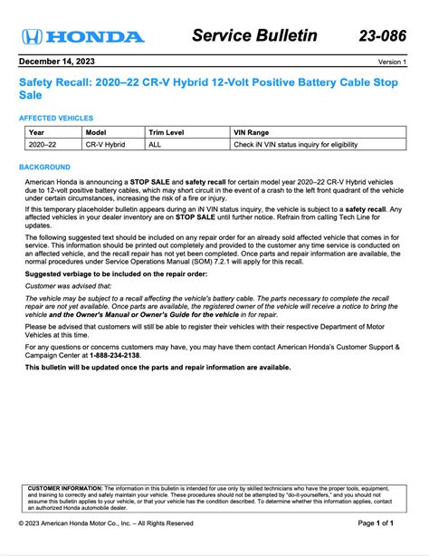 Safety Recall: 2020–22 CR-V Hybrid 12-Volt Positive Battery Cable Stop ...