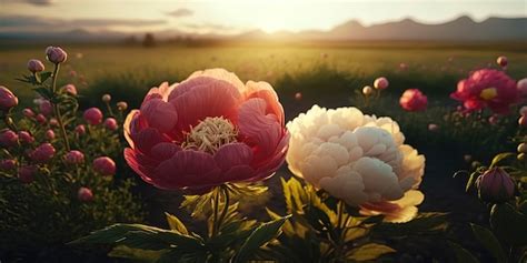 Premium Photo Beautiful Peony Flowers In A Green Field On A Sunny Day