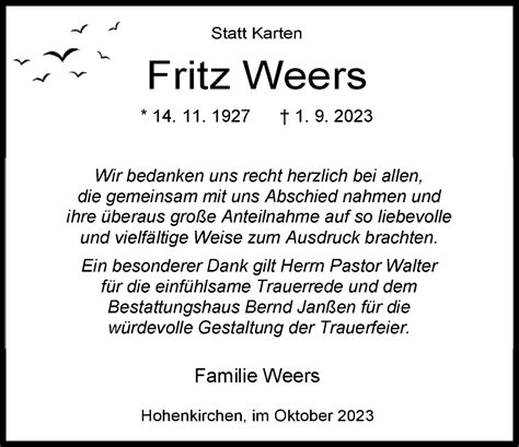 Traueranzeigen Von Fritz Weers Nordwest Trauerde