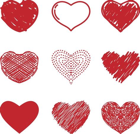 Conjunto De 9 Corazones Rojos Dibujados A Mano Vector Premium