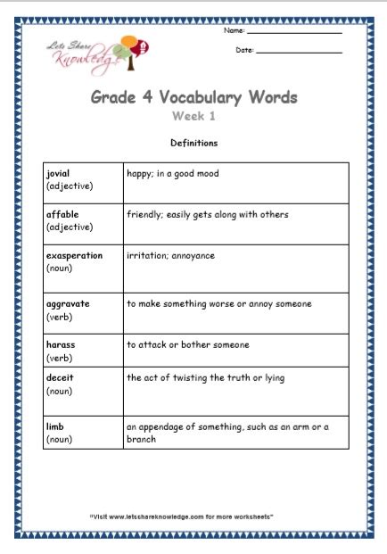 Grade 4 Vocabulary Worksheets Week 1 Lets Share Knowledge