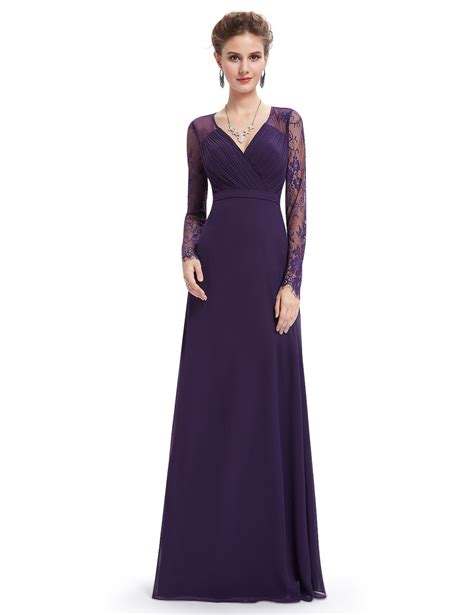 Ruched Bodice Long Lace Sleeves Maxi V Neck Evening Dress Dark Purple